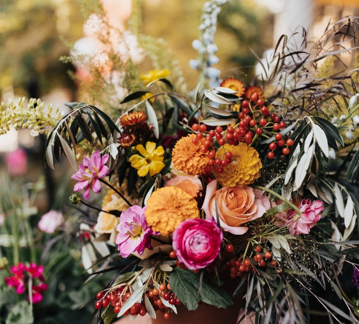 a colorful floral arrangement made by Bagel's Florals for a wedding in New Mexico