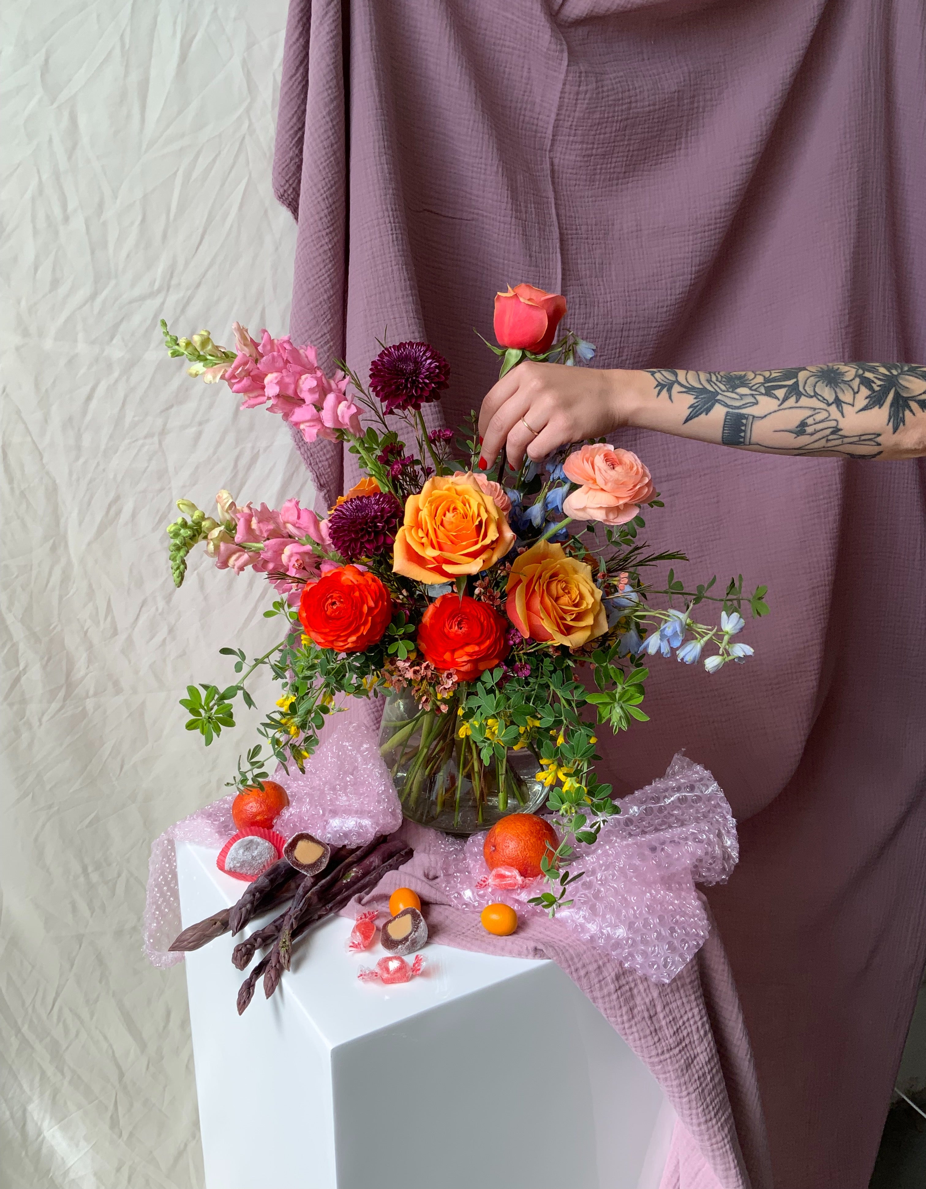 Large Benji vase with lush florals designed by Bagel&